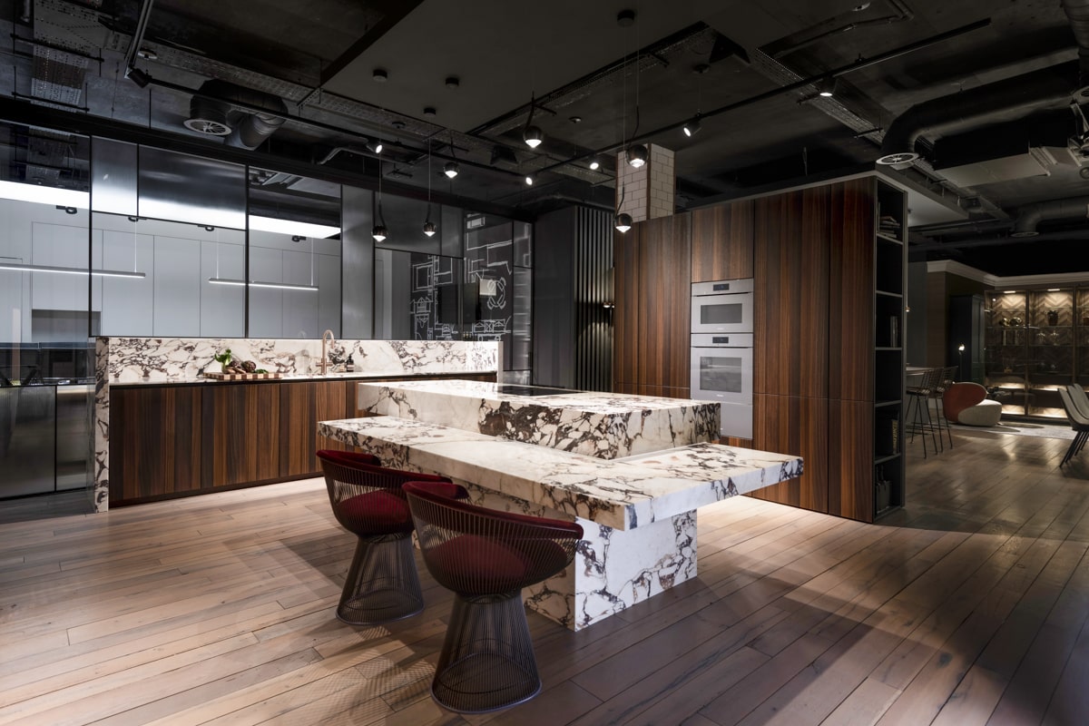 luxury wooden and marble kitchen at nicholas anthony mayfair showroom
