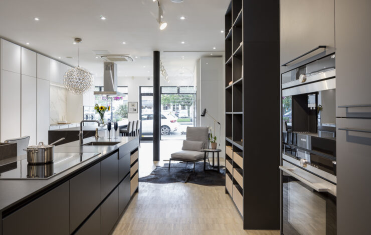 modern kitchen and shelving in Ascot showroom