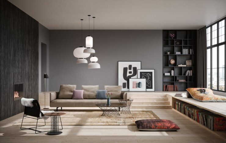 sunken living room with hints of wood, dark walls and designer walter knoll furniture.
