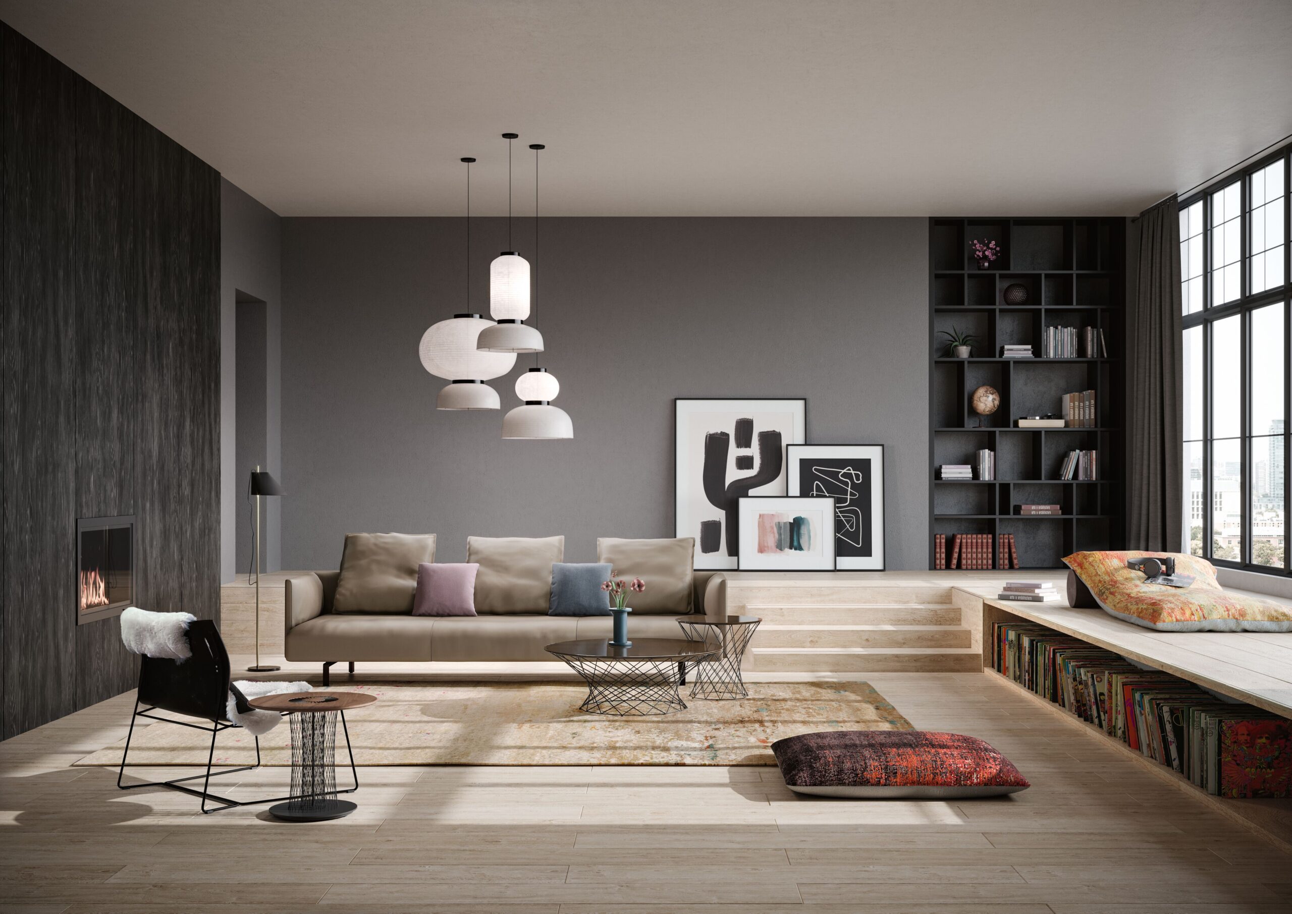 sunken living room with hints of wood, dark walls and designer walter knoll furniture.