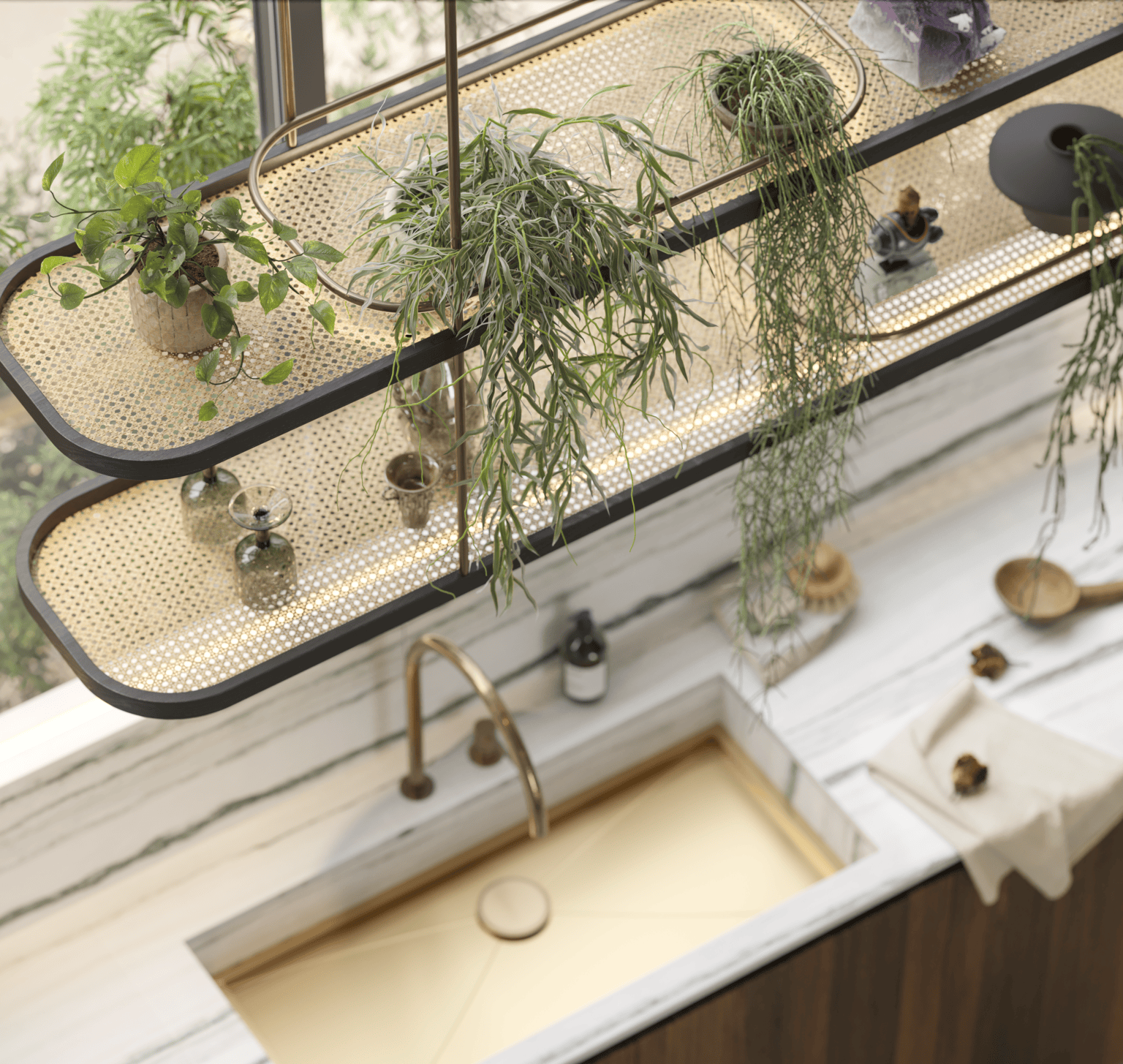 indoor plants hanging over copper sink