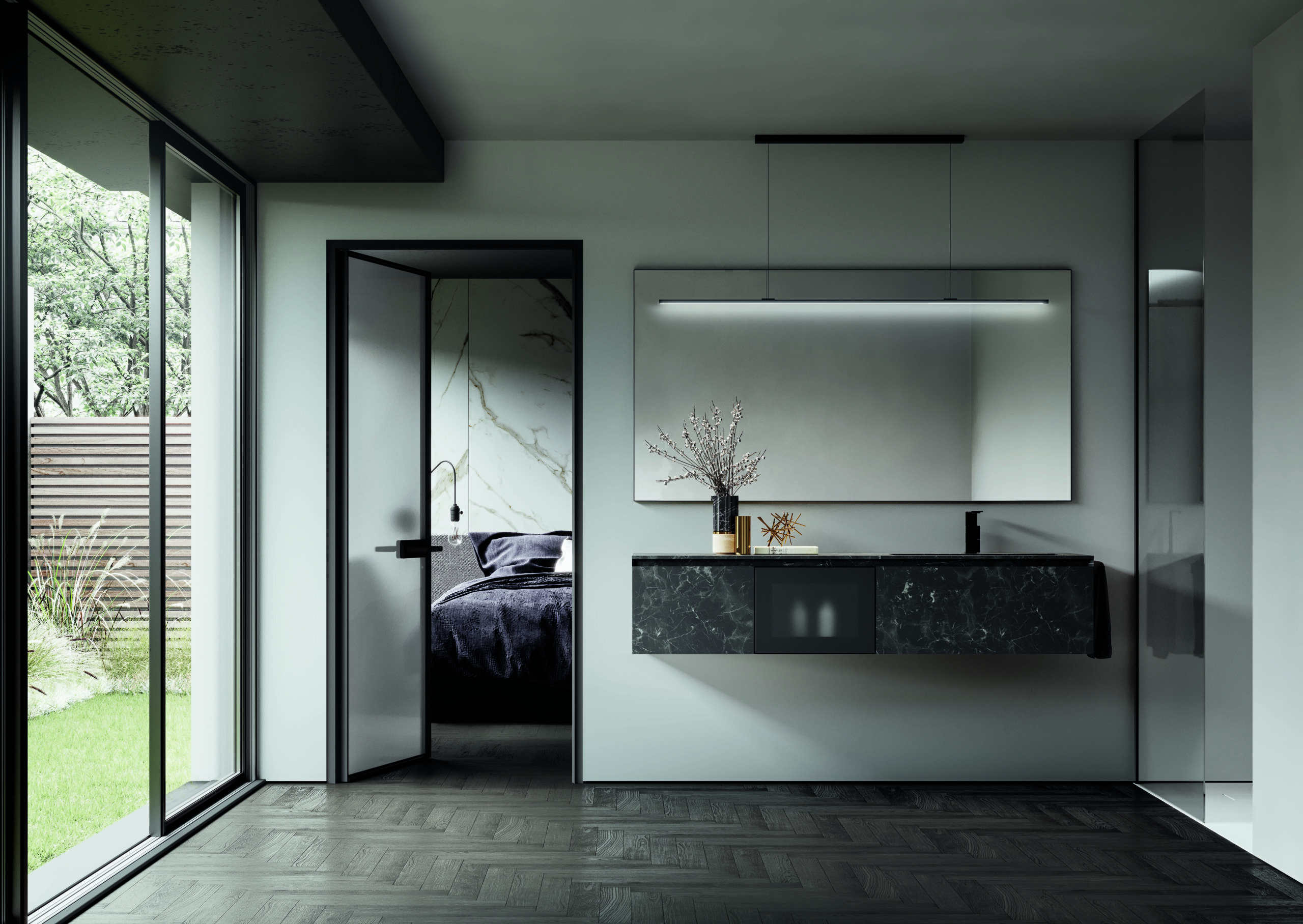 Minimalist bathroom with dark tones, a floating black vanity, and a large mirror, leading to a bedroom