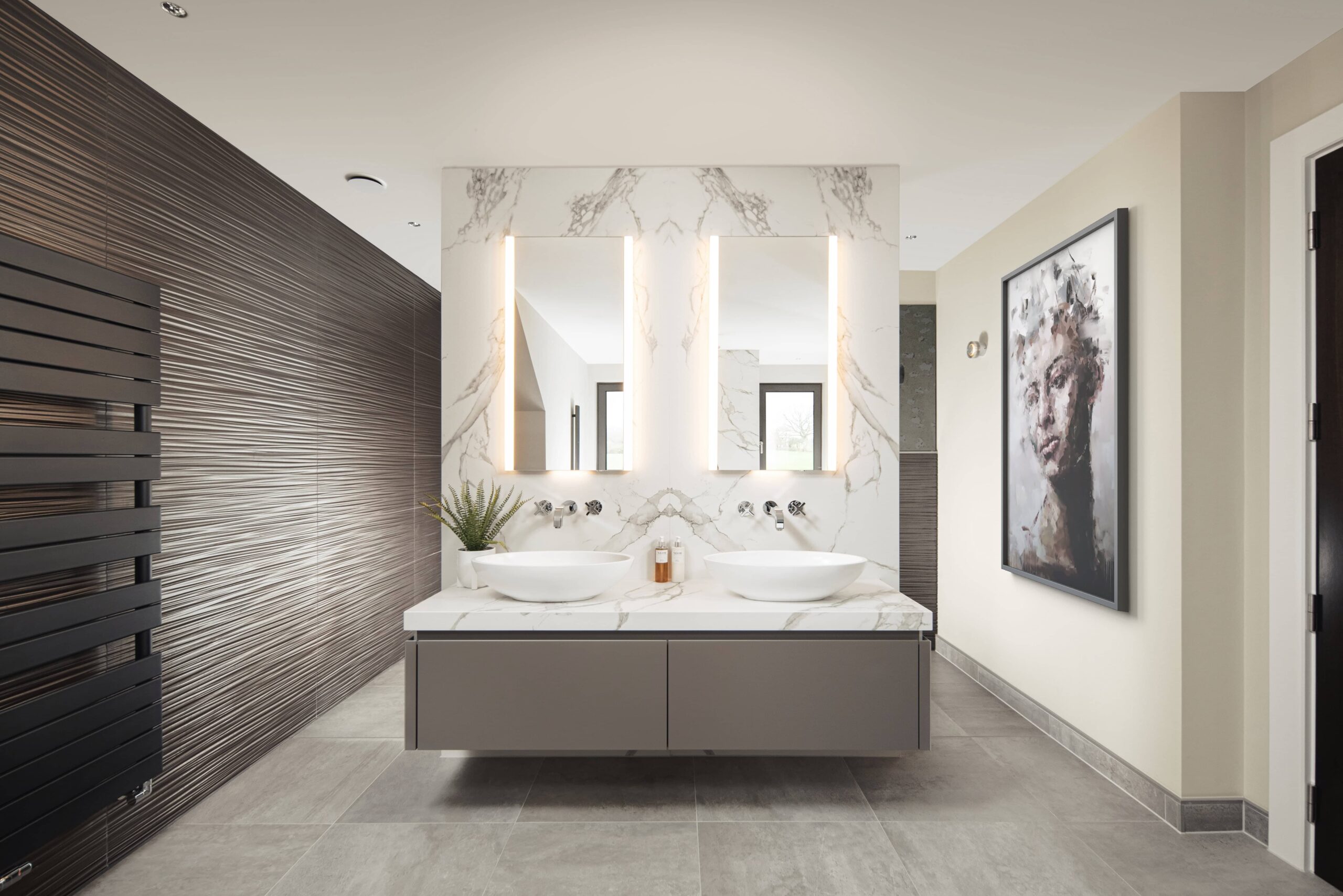 Elegant bathroom with dual sinks, marble accents, backlit mirrors, and grey tiled floor