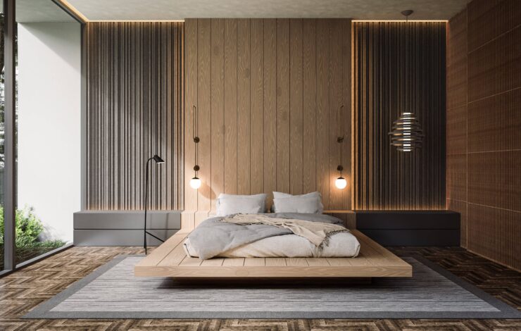 Japandi-style bedroom with a low wooden bed, textured panelling, warm lighting, and floor-to-ceiling windows.