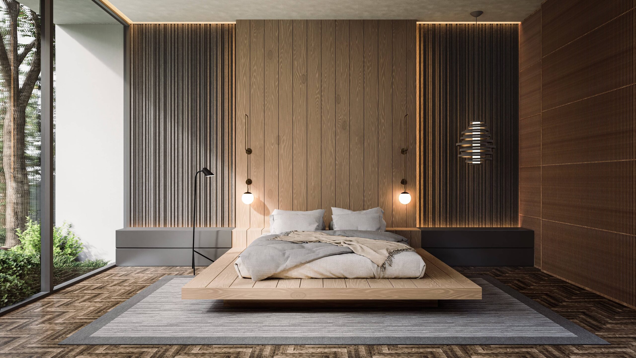 Japandi-style bedroom with a low wooden bed, textured panelling, warm lighting, and floor-to-ceiling windows.